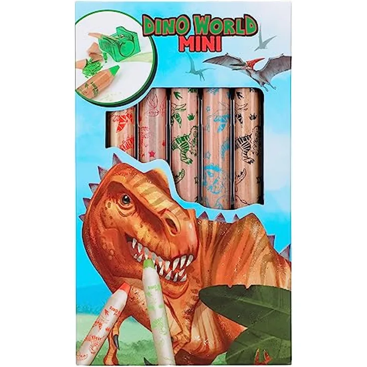 Depesche 12180 Dino World - Mini Dino Buntstifte, 5 dicke Farbstifte inkl. Anspitzer