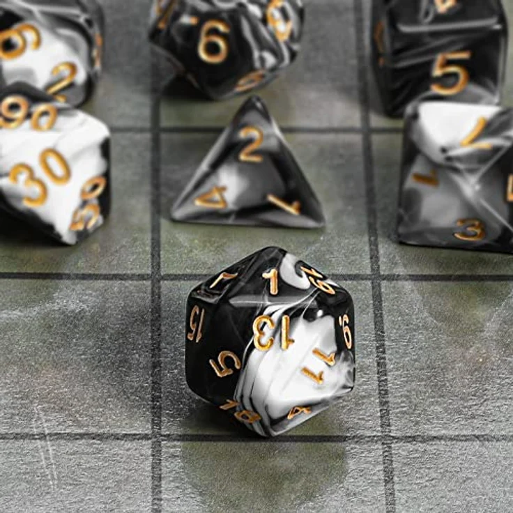 QMAY DND Würfel Set, Polyedrische 7er Würfel für Dungeons and Dragons, Schwarz und Weiß, inkl. Samtbeutel, Acryl, leicht lesbar – Bild 4