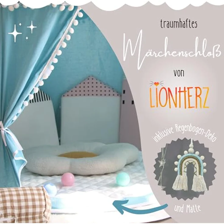 LIONHERZ® DAS ORIGINAL Spielzelt Prinzenschloss, atmungsaktiv aus Baumwolle&Hanf, himmelblau mit Zubehör, Fiberglasstangen, Tasche und Matte für Indoor-Nutzung – Bild 5