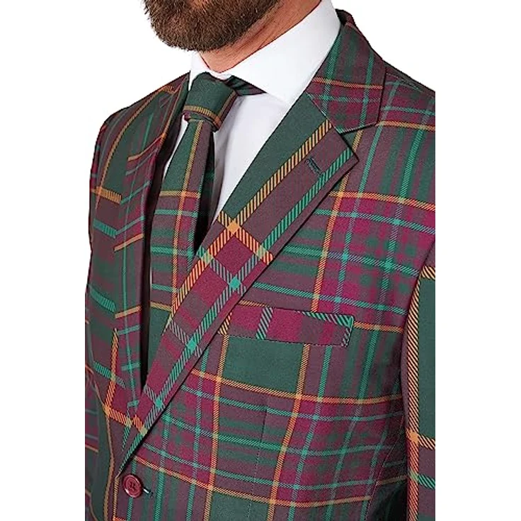 OppoSuits Mixed Mesh Anzug, rot-grün kariert im Tartan-Look, Slim Fit Design mit 4 Innentaschen und passender Krawatte, Größe 54 – Bild 8