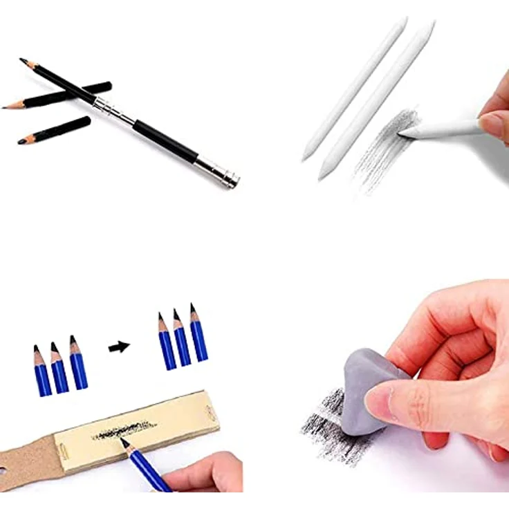 MALATEC Bleistift Skizzen Set 32-teilig, Zeichenset mit 12 Skizzenstiften, 6B Bleistift, 3 Kohlestiften, schwarz – Bild 9