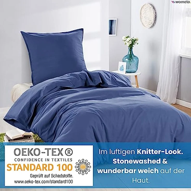 wometo Bettwäsche Renforce Stone-Washed 155x220 & 80x80 100% Baumwolle - blau OekoTex weich modern Used-Look Leinen-Optik – Bild 3