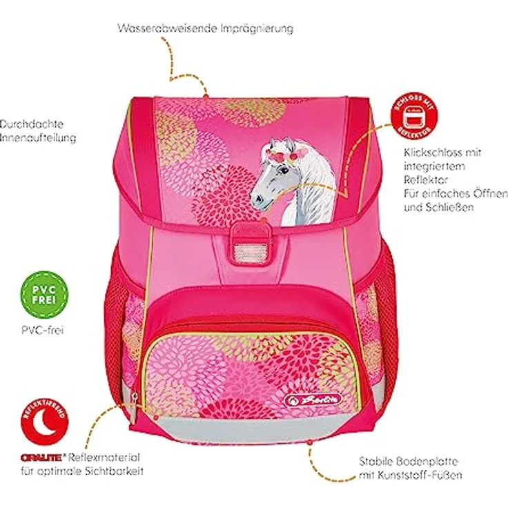 Herlitz Loop Plus Bloomy Horse Schulranzen, pink, inkl. 16 tlg. Schüleretui, Faulenzermäppchen, Sportbeutel – Bild 2