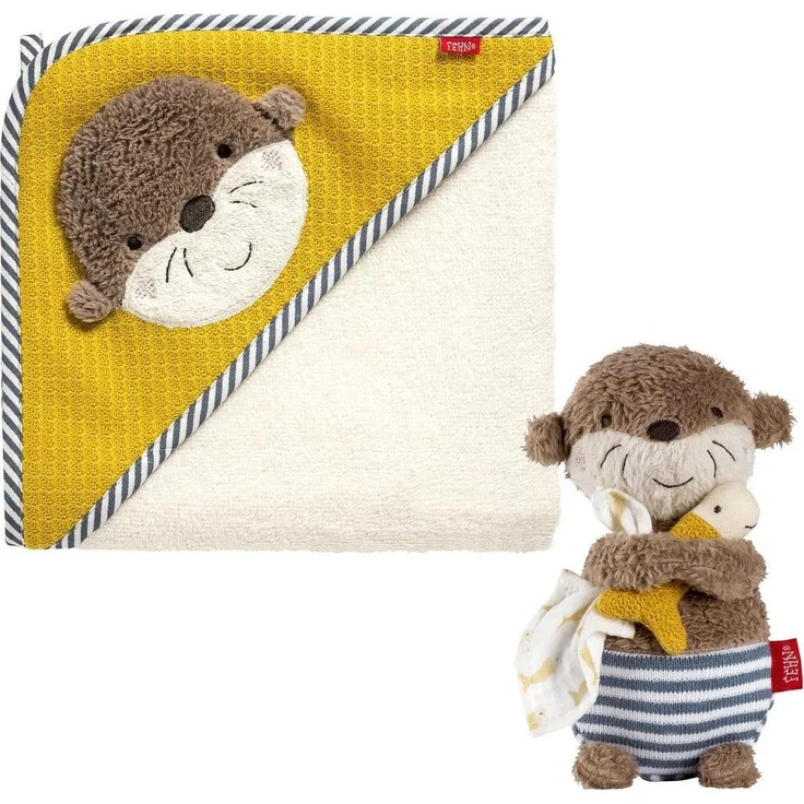 Fehn Babybadetuch 2-tlg. Bade-Set mit Kapuze und Badetier Otter, saugfähiger Frottee, 80 x 80 cm, pflegeleicht waschbar bis 60°C