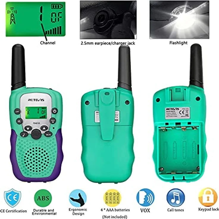 Retevis RA618 Walkie Talkies für Kinder, 8 Kanäle, VOX-Funktion, mit Taschenlampe, Grün, für Verstecken, Camping und Wandern (1 Paar) – Bild 3