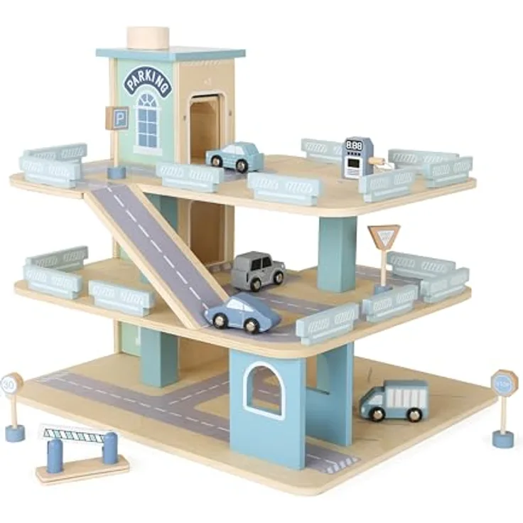CHIC2000 Spiel-Parkgarage, 3-stöckige Parkgarage aus Holz mit Aufzug und 4 Autos, 43,5 x 36 x 39,5 cm