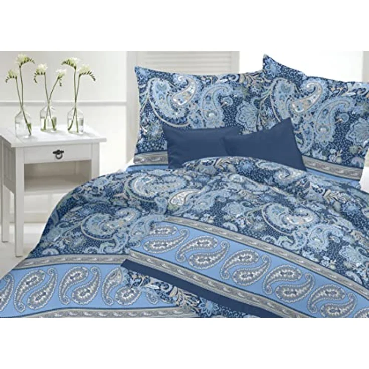 CASATEX Satin Bettwäsche SENTTA Reine Baumwolle, hautfreundlich Bettwäsche-Set Paisley Bordüre modernes Landhaus absolut hip 135 cm x 200 cm blau – Bild 2
