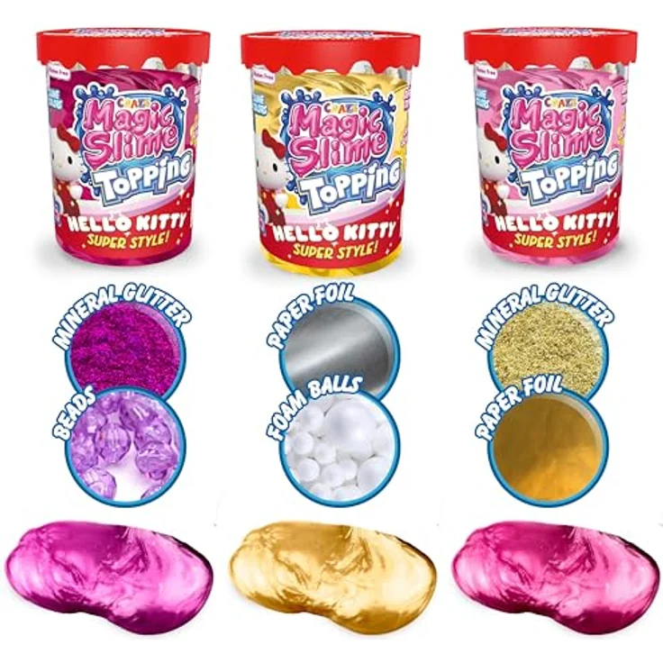 CRAZE Magic Slime Topping Hello Kitty, 3er Set mit 3 x 70 ml Schleim in Lila, Rot & Gold, inkl. Glitter & Toppings, sicher & rückstandsfrei – Bild 2