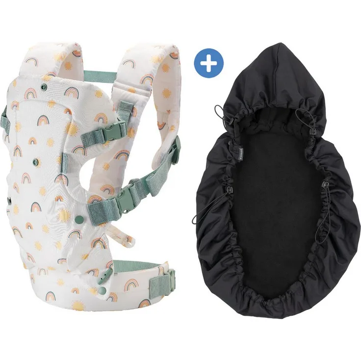 Infantino BKids Babytrage Flip Advanced - Rainbow, 4-in-1 Baby Bauchtrage Rückentrage ab Geburt mit Regenschutz für 3,6-14,5 kg