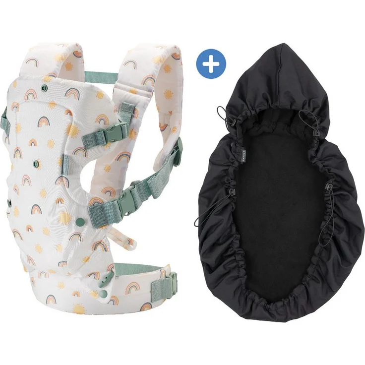 Infantino BKids Babytrage Flip Advanced - Rainbow, 4-in-1 Baby Bauchtrage Rückentrage ab Geburt mit Regenschutz für 3,6-14,5 kg