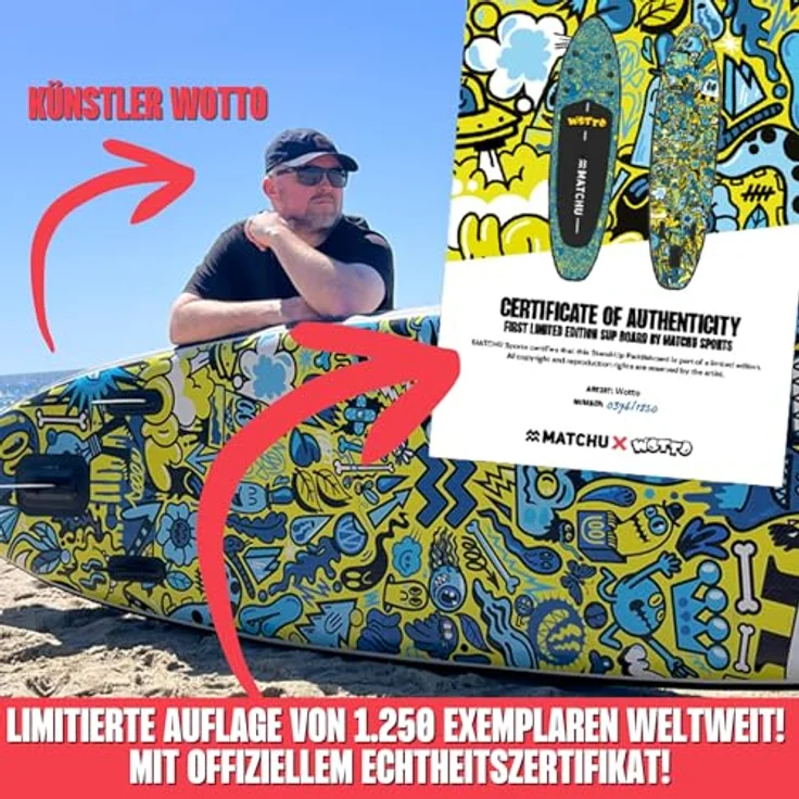 MATCHU Aufblasbares SUP Board, Limited Edition mit Wotto Collection Design, 320x81x15 cm, 150 kg belastbar, Komplettset mit Zubehör, UV-Drucktechnologie, Zertifikat inklusive – Bild 5