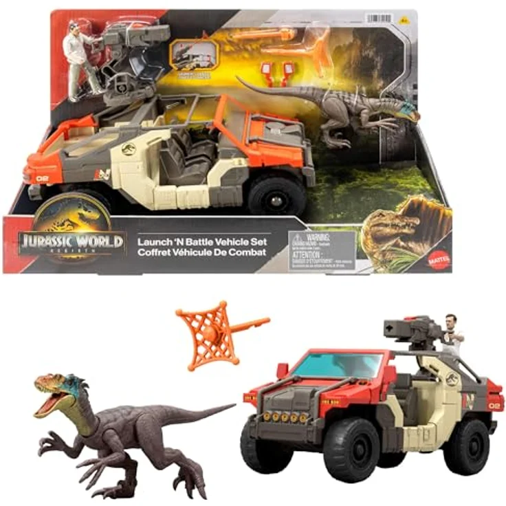 MATTEL JURASSIC WORLD Launch 'N Battle-Fahrzeug mit Velociraptor- und Martin Krebs-Figuren, 27 cm, inklusive DNA-Proben-Pfeil und Netzprojektil – Bild 1