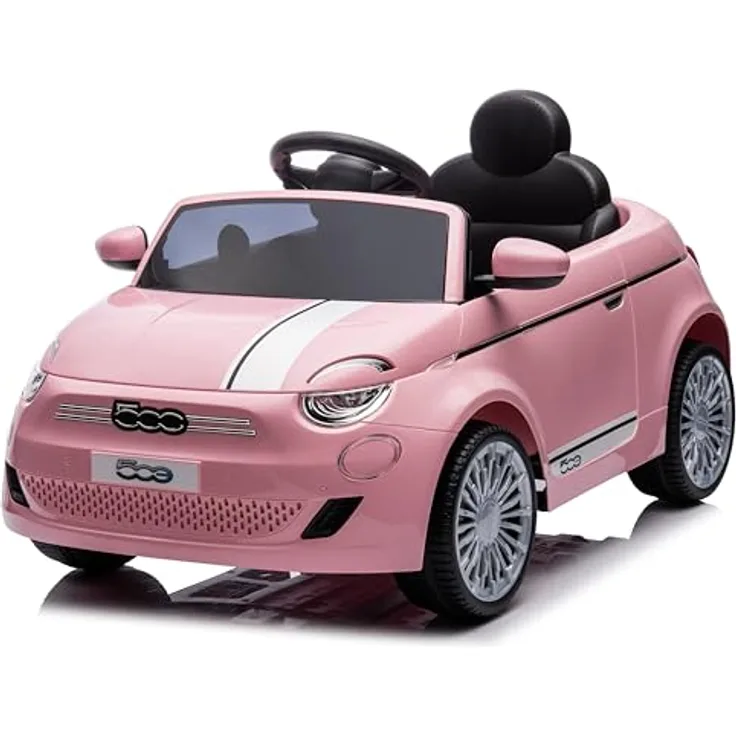 Sun Baby FIAT 500 Kinder Elektroauto, Elektro Kinderauto (Rosa) mit Motorleistung 2x30W, Lenkrad mit Sound und Sicherheitsgurte