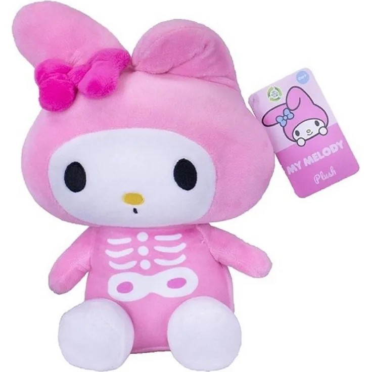 SANRIO Hello Kitty My Melody Plüschtier im rosa Skelett-Outfit, ca. 28 cm, weich mit gestickten Details