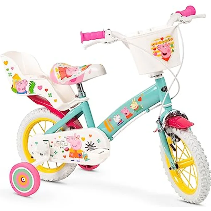 Toimsa Kinderfahrrad Peppa Pig 12 Zoll mit Stützrädern Korb Puppensitz 3-5 Jahre, Pink
