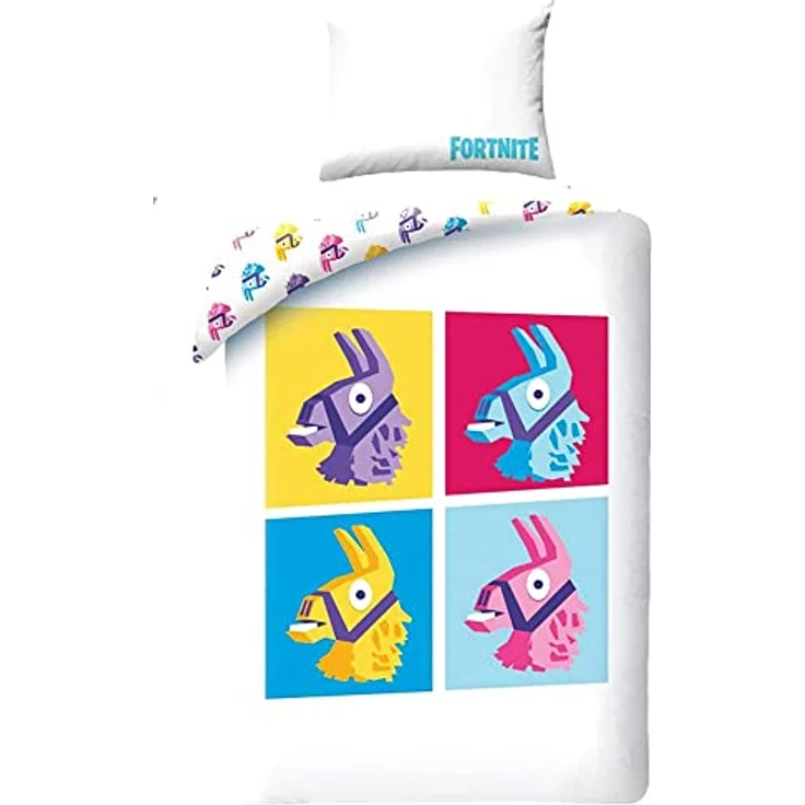 BERONAGE Fortnite Wende-Bettwäsche Lama 135 x 200 cm + 80 x 80 cm 100% Baumwolle Renforcé-Linon-Qualität Kinderbettwäsche Battle Royale Loot Lake Salty Springs Tilted Towers Skins 2 Motive Reißverschluss, bunt – Bild 4