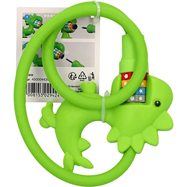 Kabelschloss Dinosaurier, Fahrradschloss für Kinder, Zahlenschloss mit 4-fach Zahlenwalze für 10.000 Kombinationen, Durchmesser 10 cm, Länge 60 cm, grün – Bild 4