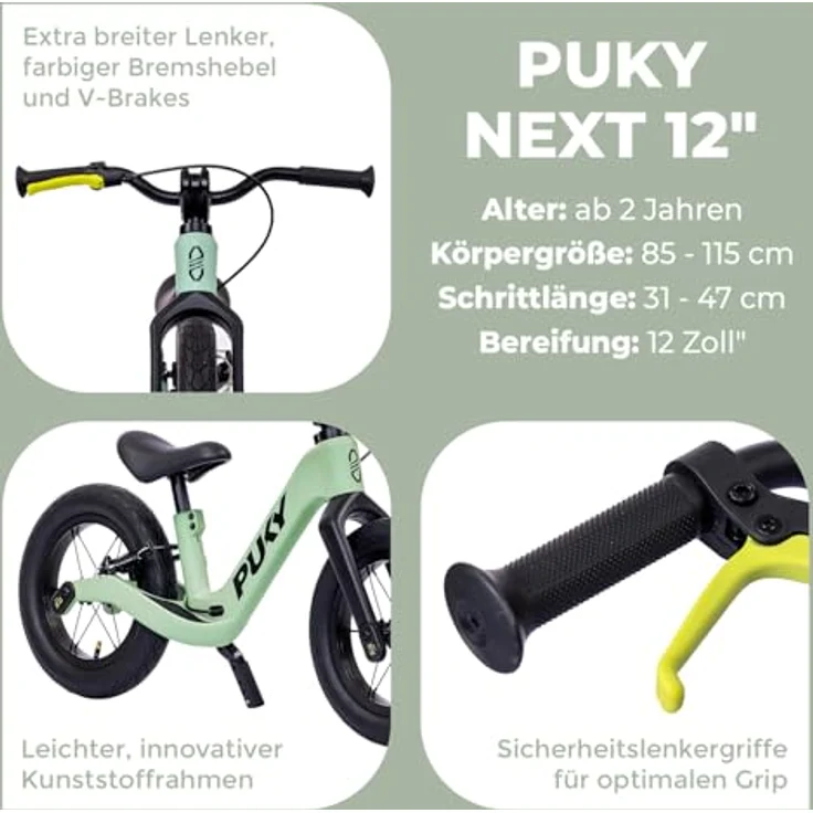 PUKY NEXT 12" Green/Black, Höhenverstellbares Laufrad für Kinder 2–6 Jahre mit Bremse, Sicherheitslenkergriffen und FlipChip-Technologie für 12-14 Zoll Räder – Bild 3