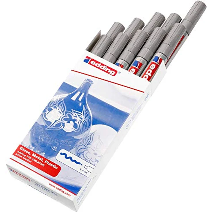 edding 750 Glanzlackmarker, silber, 10 Lackmarker mit Rundspitze 2-4 mm, wasserfest und stark deckend für Glas, Stein, Holz, Kunststoff und Papier – Bild 2