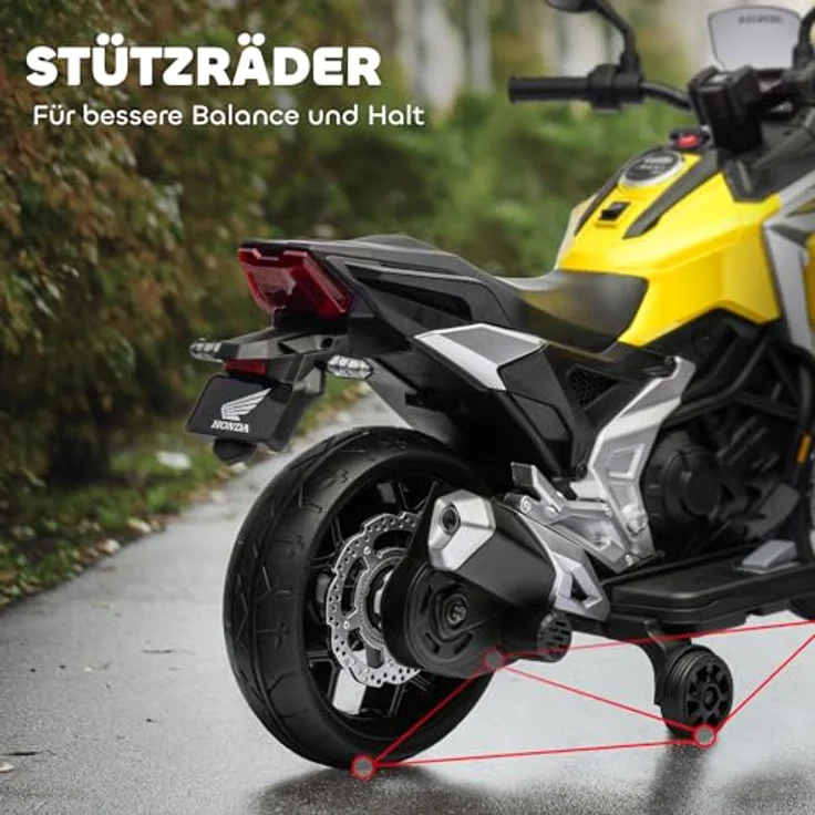AIYAPLAY Elektro Kindermotorrad, Honda lizenziertes Elektromotorrad mit MP3, USB, Scheinwerfer, zwei Stützrädern, für Kinder von 3-6 Jahren, Gelb – Bild 5