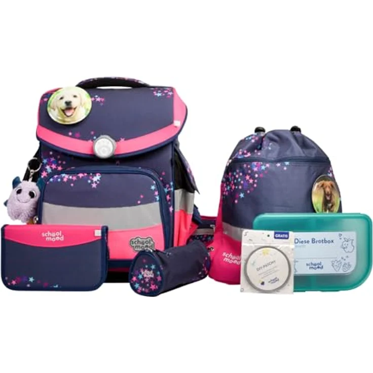 SCHOOL-MOOD Timeless Pro Schulranzenset 7-teilig 23,5L Stauraum, ergonomisches Easy Fit System für 1 m bis 1,50 m Körpergröße, standfest, wasserdichter Stoff mit Reflektoren (Mika Drache) – Bild 2