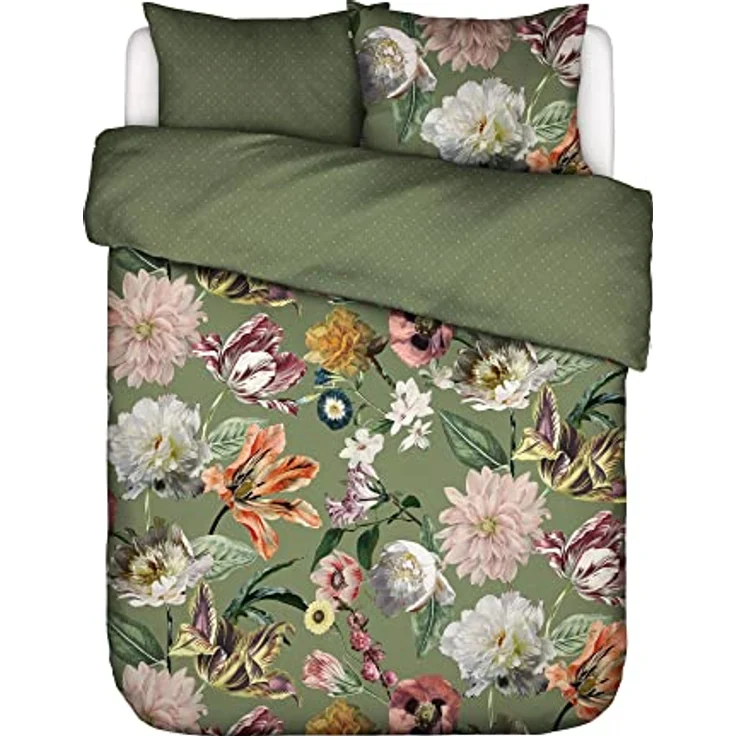 ESSENZA Wendebettwäsche Filou Satin waldgrün, 200x200 cm (80x80 cm) - mit Blumenmuster und Marken-Reißverschluss – Bild 1