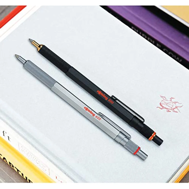 Rotring Kugelschreiber 800, massiver Metallschaft im Sechskant-Design, 24K goldplattierte Zierteile, M-Schwarz, Geschenkbox (Rot, Silber) – Bild 2
