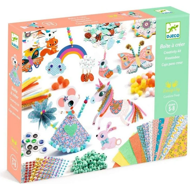 DJECO Kreativset Kreativbox, Bastelset für Kinder ab 5 Jahre mit Perlen, Pompons, Stickern und 15 Ideenkarten, 29,5 x 23 x 6 cm