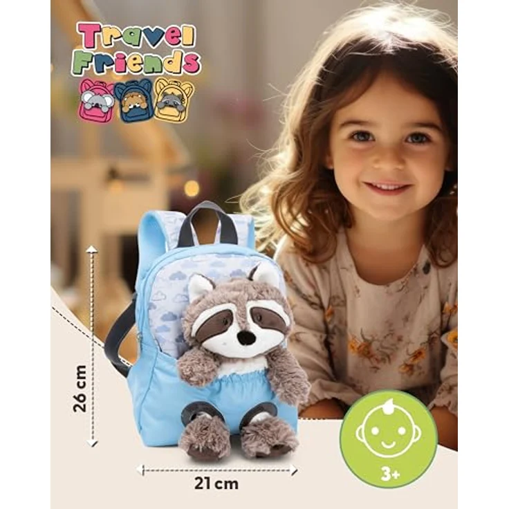 NICI Rucksack mit Plüschtier Waschbär 25 hellblau, Kinder-Rucksack mit integrierter Sitztasche – Bild 2