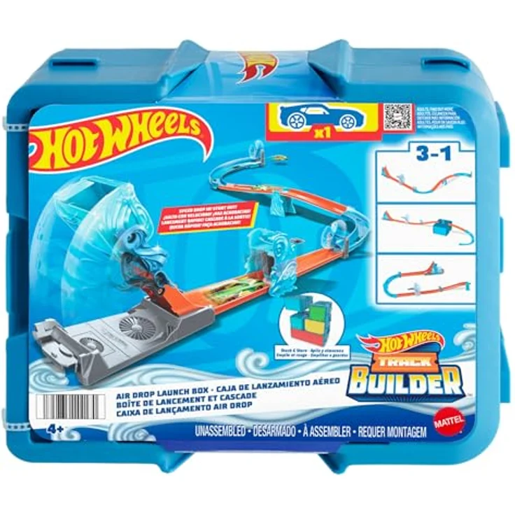 Hot Wheels Track Builder Air Drop Pack, modular mit blau-grauer Aufbewahrungsbox und Hot Wheels Auto, für kreative Streckenbau-Variationen – Bild 1