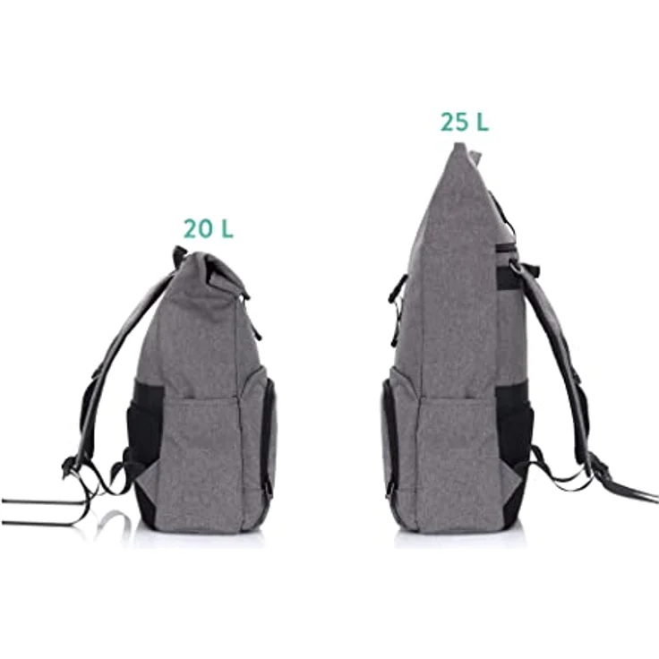 Fillikid Tokio Rolltop-Rucksack, Wickeltasche mit 20L-25L Volumen, Extra Laptopfach und Wickelunterlage, grau – Bild 7