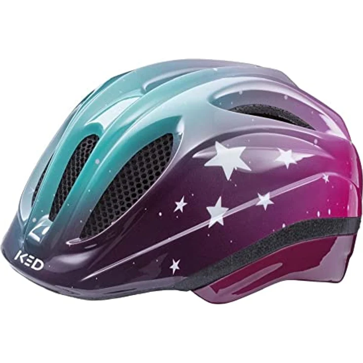 KED Kids Youth Meggy III Trend Fahrradhelm, Stars Pink Aqua Glossy, XS (44-49cm), Made in Germany, MAX Shell-Technologie, verstellbares Tragesystem, Insektenschutznetz – Bild 1