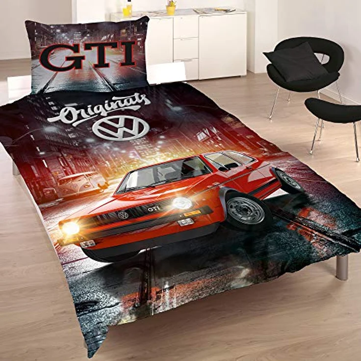 BERONAGE Volkswagen Golf Bettwäsche GTI Rot Grau 135 x 200 cm + 80 x 80 cm, 100% Baumwolle in Biber-Flanell-Qualität, Race Wörthsee Auto-Car 2 Motive Wendebettwäsche Reißverschluss 088 – Bild 2