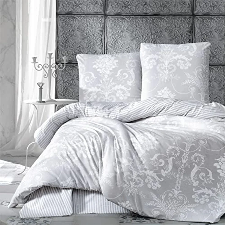 ZIRVEHOME Bettwäsche 135x200 cm. grau, 100% Baumwolle/Renforcé, 2 teilig Set Wende bettbezug aus Baumwolle mit weiß barock Muster, Verdeckter Reißverschluss, 1 mal Kissenbezug 80x80 cm. Alone V1 - Preisvergleich – Bild 1