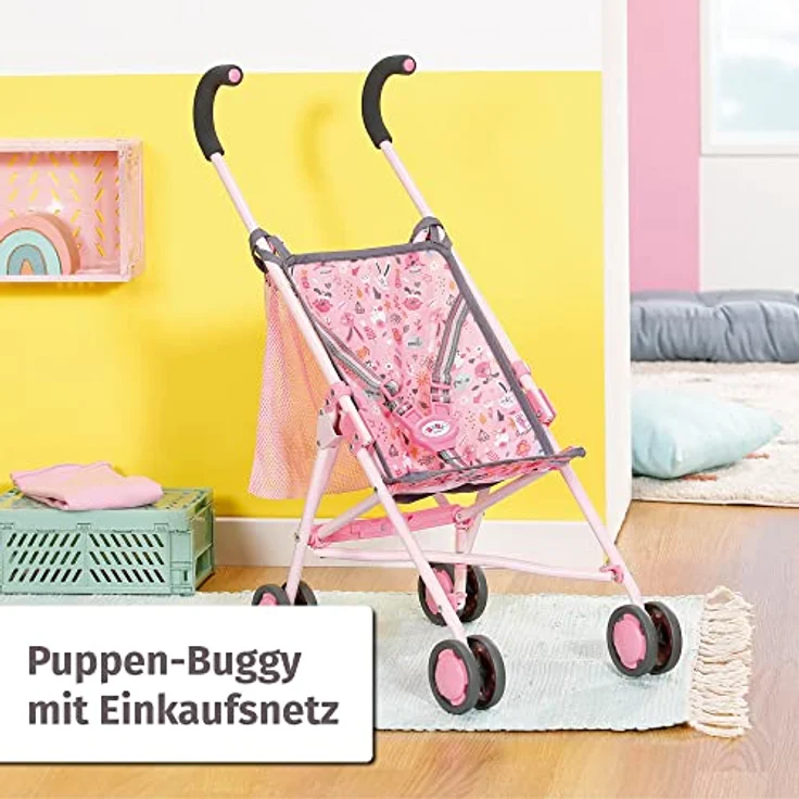 BABY born Zapf Creation 832547 Stroller mit Tasche-Faltbarer Puppenwagen mit Netz und 3-Punkt-Gurt, 62cm Griffhöhe in rosa – Bild 2