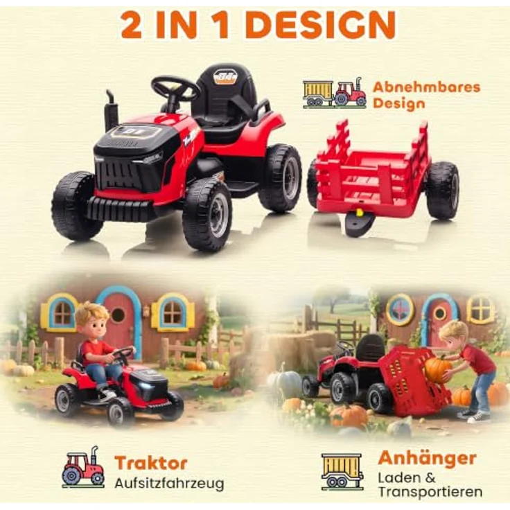 AIYAPLAY Elektrischer Kinder Traktor mit Anhänger, 3-Gang, 2 Motoren, rot, für 3-8 Jahre – Bild 4