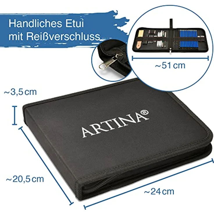 Artina 33tlg Bleistifte Set Bari - Zeichenset Zeichenstifte mit 12 Bleistiften, 3 Kohlestiften, 1 Graphitstift - Skizzierstifte Set mit viel Zubehör & Tasche - Bleistifte Set zum Zeichnen – Bild 5