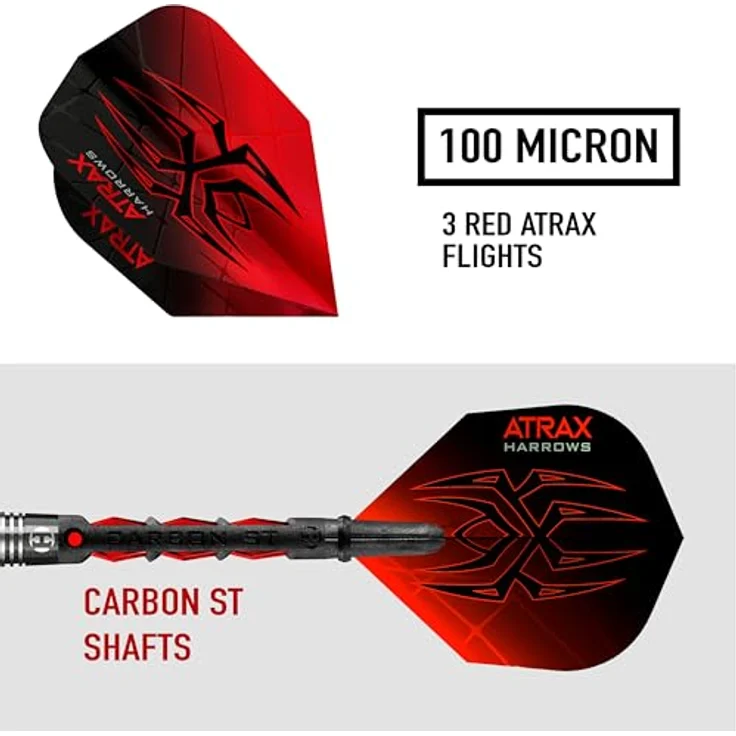 Harrows Atrax 95% Tungsten Darts, Darts-Set mit Stahlspitze, 6 Gewichte (21g-26g), Carbon ST-Schäfte & 100 Micron Atrax Red Flights – Bild 4