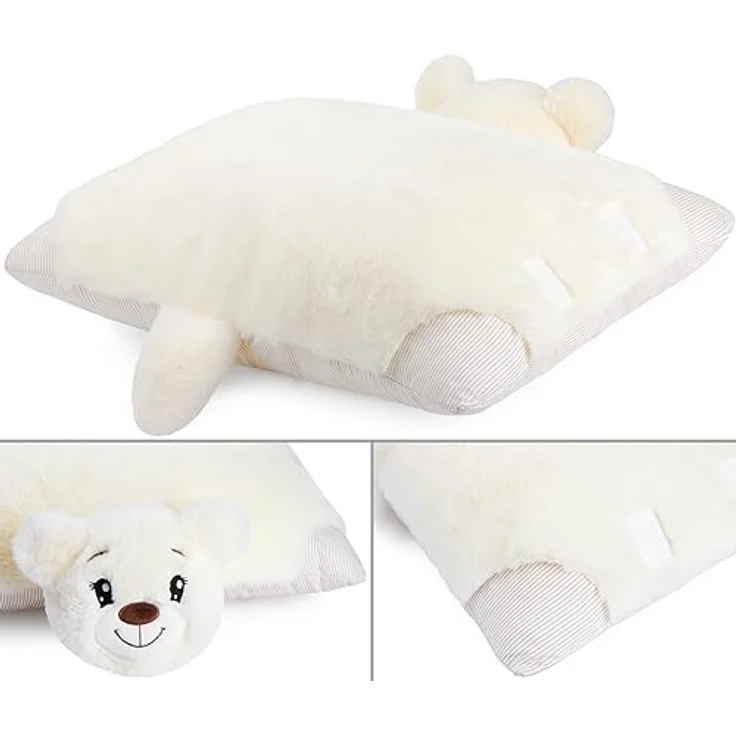BRUBAKER Kuscheltier-Kissen Bär - 2 in 1 Teddybär und Kuschelkissen - 40 x 30 cm Plüschtier - aufklappbares Kinder Plüschkissen mit Klettverschluss - Tierkissen Stofftier Teddy - Beige – Bild 5