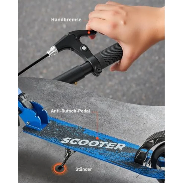 VEVOR Scooter 2-Räder, Faltbarer Kinderroller mit höhenverstellbarem Lenker (33,9-39,4 Zoll), rutschfestem Deck, Handbremse, bis 100 kg, Schwarz + Blau – Bild 5