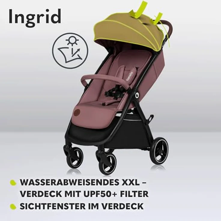Lionelo INGRID Kinderwagen, 360° schwenkbare Räder, volle Federung, einhändig zusammenklappbar, verstellbare Rückenlehne und Fußstütze, XXL-Verdeck, bis 22 kg – Bild 5