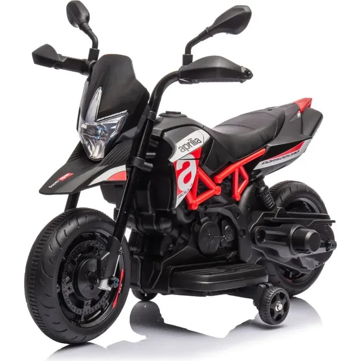 Vrooomy Kindermotorrad Aprilia Dorsoduro 900, 6V mit Scheinwerfer und abnehmbaren Stützrädern, rot, für 1-3 Jahre