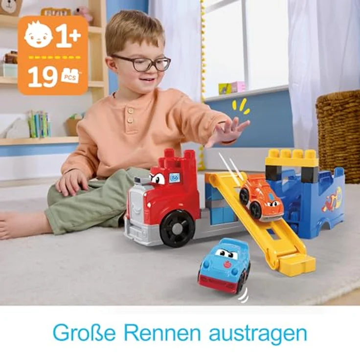 MEGA BLOKS Fast Tracks Rennwagen-Transporter, Bausteinset für Kleinkinder mit 19 Teilen, 2 Rennautos, Aufbewahrung, rot, ab 1 Jahr, JFR29 – Bild 2