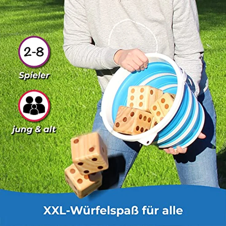Toyfel XXL Würfelspiel Chuck, Indoor & Outdoor Spiel aus FSC® Kiefernholz mit 6 großen Würfeln (9 cm), klappbarem Falteimer, abwaschbarer Punktetafel & Stift – Bild 4