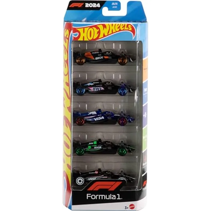 Hot Wheels Formel 1 Spielzeug-Auto 5er-Pack, Die-Cast, Maßstab 1:64, mit Rennteam-Grafiken