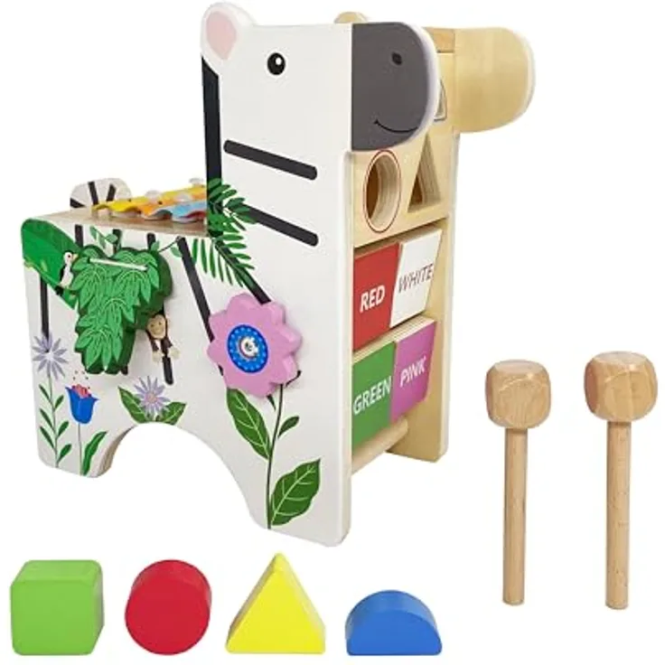Teamson Kids Zebra Learn & Play Activity Center with Xylophone, Holzspielzeug zur Förderung der motorischen Fähigkeiten in bunten Farben