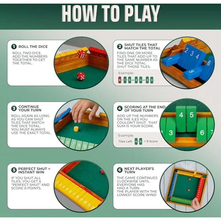Queensell Shut The Box 4 Spieler Groß, Holzspiel 35,5 cm mit 12 Zahlen, inklusive 10 Würfeln und Aufbewahrungsbeutel, Gesellschaftsspiel für Erwachsene und Familien – Bild 3