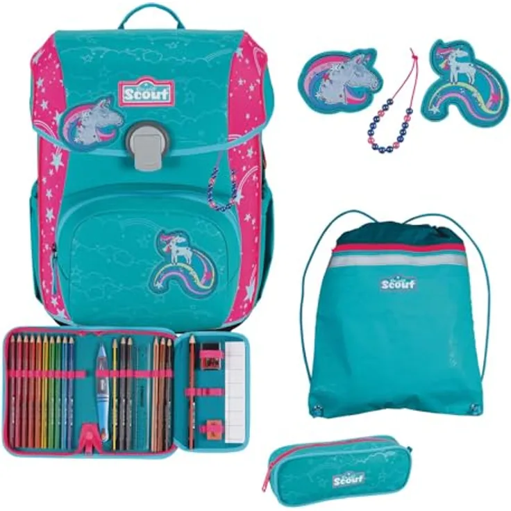 Scout Neo Superflash Extreme Unicorn, ergonomischer Schulranzen mit 21,5 Litern Volumen, abnehmbarem Hüftgurt und reflektierenden Warnflächen