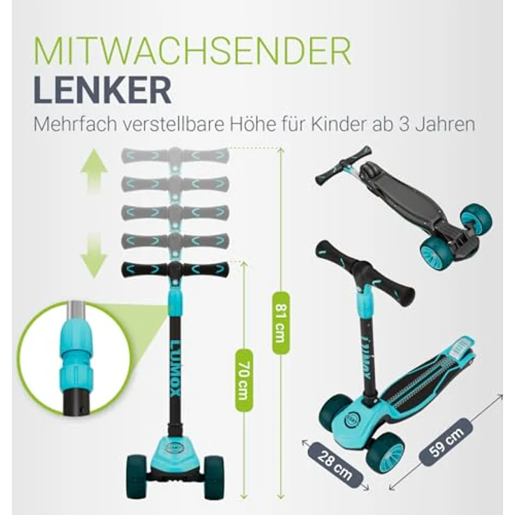 JUSKYS® Kinderroller Lumox Blau, höhenverstellbarer Dreiradscooter mit LED-Rollen und 4-Farb-Blinkeinstellung, klappbar & Hinterradbremse – Bild 3