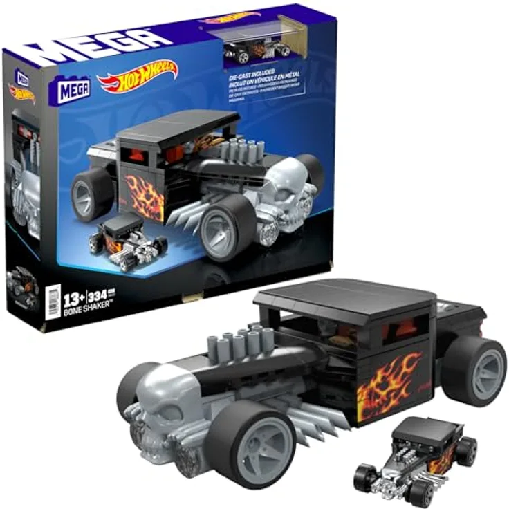 MEGA Hot Wheels Showcase Bone Shaker, Sammlerset im Maßstab 1:24 mit Die-Cast-Auto und 334 Bausteinen, ab 13 Jahren, HRY17
